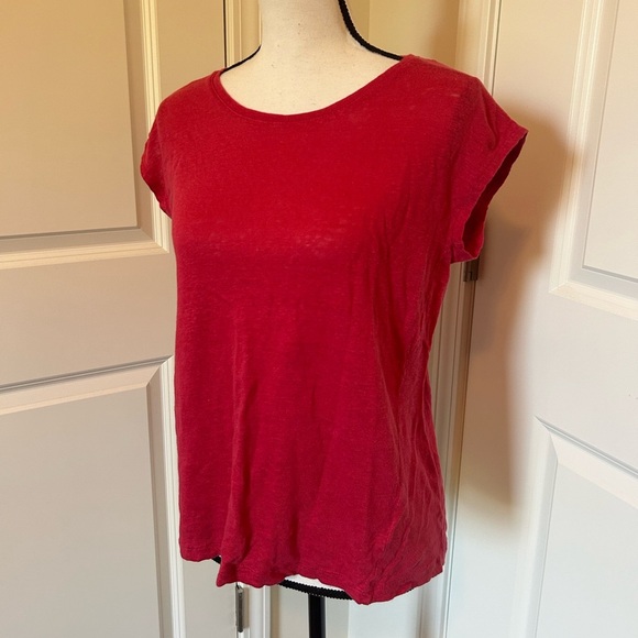 Tahari redish pink crew neck short sleeve linen button down back shirt - Picture 1 of 4